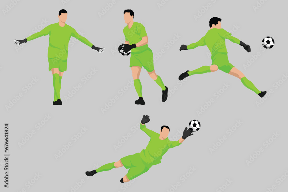 Green Goalkeeper Football Soccer Players in Various Poses Vector