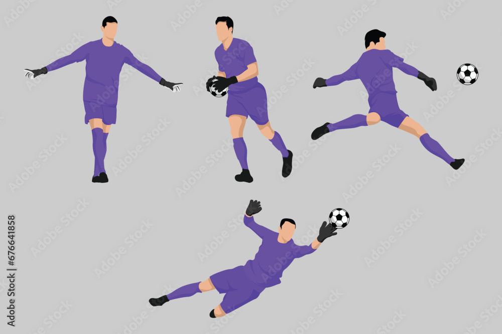 Purple Goalkeeper Football Soccer Players in Various Poses Vector
