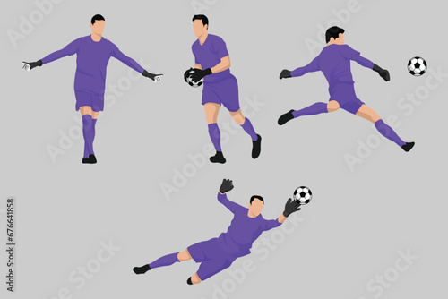 Purple Goalkeeper Football Soccer Players in Various Poses Vector © Hanum Creative