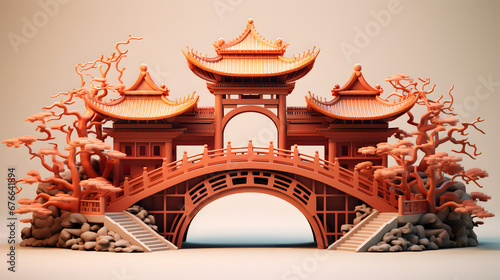 3d illustration of chinese temple and building photo