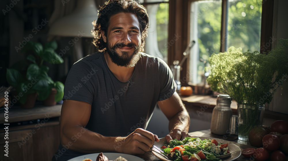 Healthy man eating healthy food and sitting on the table. Salad, Vegan, Vegetarian food and Healthy Concept. Generative Ai. Healthy man eating healthy food and sitting on the table. Salad, Vegan, Vegetarian food and Healthy Concept. Generative Ai.