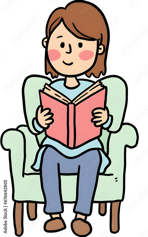 Woman at home reading a book on chair. Girl sitting in chair reading interesting book, or studying. Vector illustration isolated on white background. Woman at home reading a book on chair. Girl sitting in chair reading interesting book, or studying. Vector illustration isolated on white background.