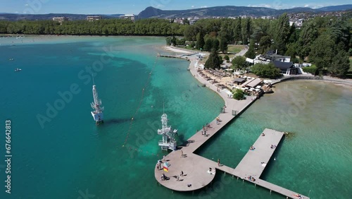 Aerial view of Annecy city Centre, plage de l imperial or imperial beach in Haute Savoie, France photo