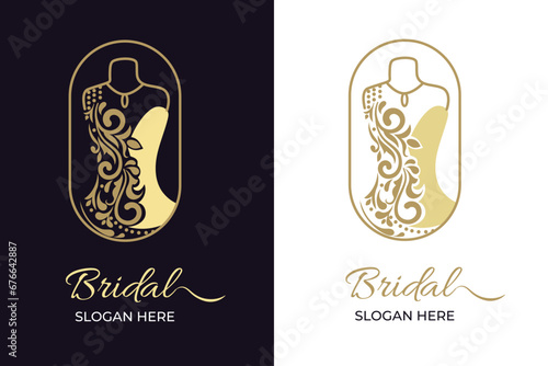 Monochrome batik Bridal Gowns Boutique Logo Ideas, Sign, Icon, Mannequin, Fashion, Beautiful Bride, Boutique Bridal Logo Illustration Vector Design