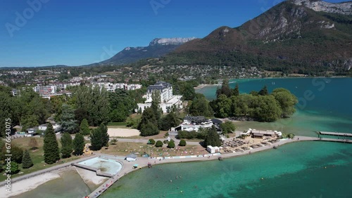 Aerial view of Annecy city Centre, plage de l imperial or imperial beach in Haute Savoie, France photo