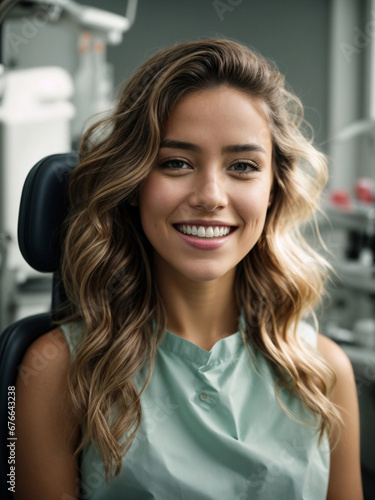 A smiling young woman in a dental chair. Examination by the dentist or cosmetic procedure (skin cleaning)