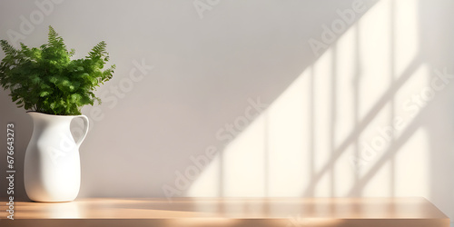 Table background of free space and kitchen interior. White wall with shadows and sunny warm morning time.