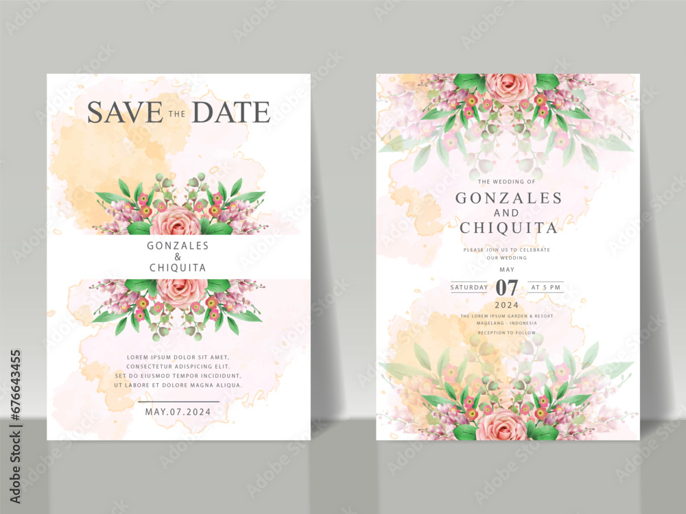 beautiful watercolor of wild red flowers and leaves wedding invitation card