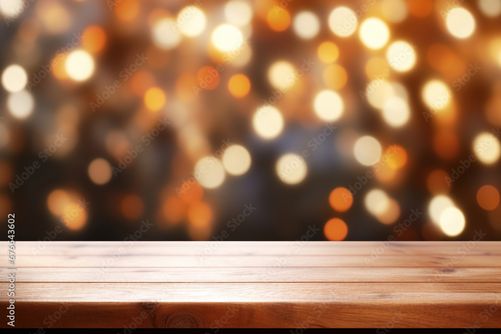 Christmas Lights Garland on Empty Wooden Table for Product Display. Blurred Lights and Bokeh Night Background. Copy Space for Christmas or New Year Banners or Posters.