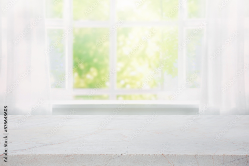 Selective focus.Elegance product display background with marble top with curtain and vine leaf on window garden in morning - obrazy, fototapety, plakaty 