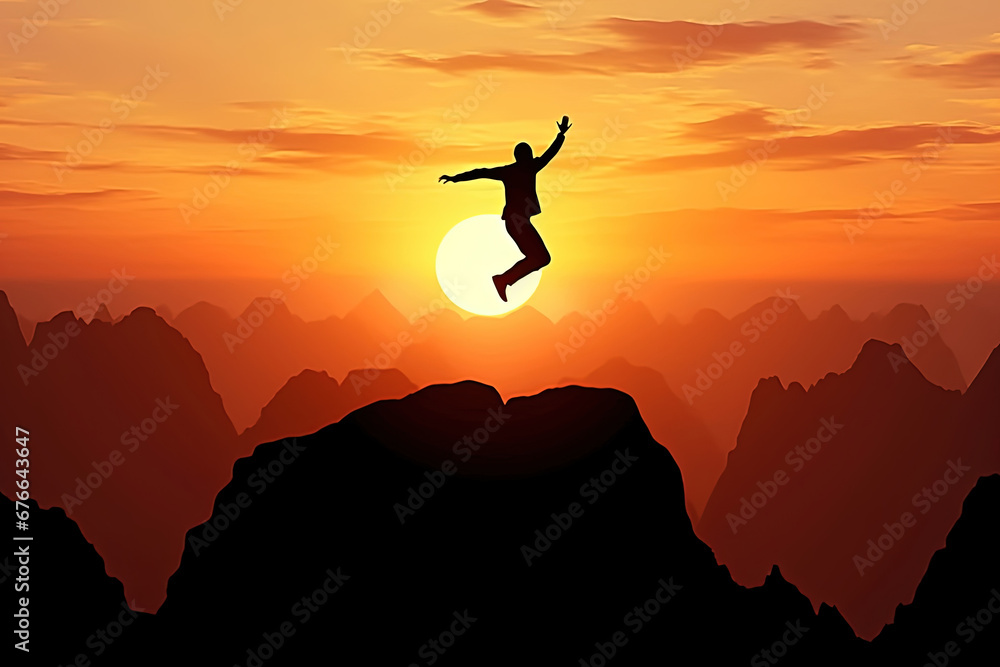 Silhouette of a Man Jumping at Sunset or Sunrise Over a Cliff from Mountain Top. New Year, Success, Goal, Finance, Freedom, Happiness, Achievement. Copy Space for Text, Ideal for Banner or Poster.