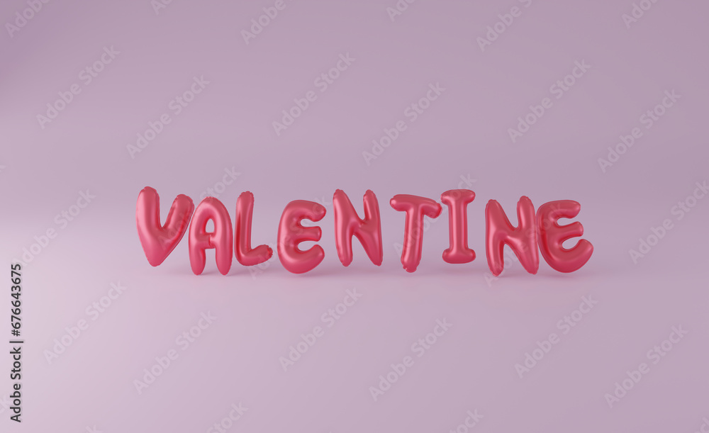 English letters 3D rendered realistic red pink plastic balloons, light pink background for Valentine's Day festival. February 14