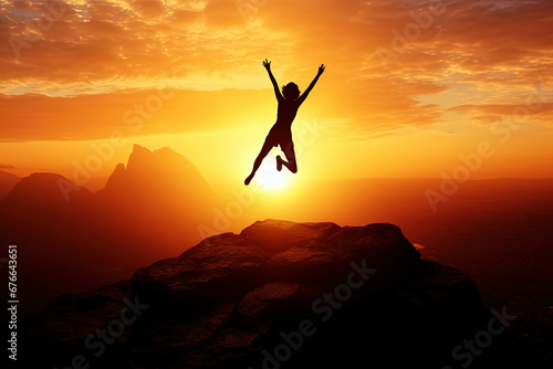 Silhouette of a Man Jumping at Sunset or Sunrise Over a Cliff from Mountain Top. New Year, Success, Goal, Finance, Freedom, Happiness, Achievement. Copy Space for Text, Ideal for Banner or Poster.