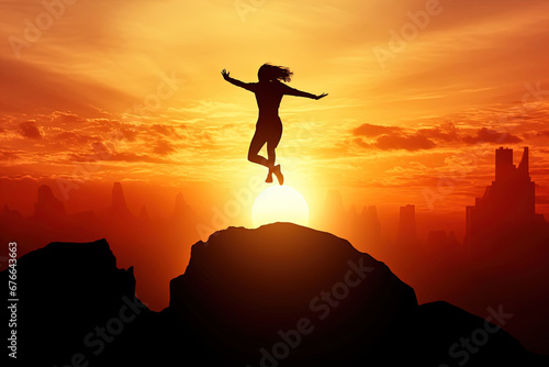Silhouette of a Man Jumping at Sunset or Sunrise Over a Cliff from Mountain Top. New Year  Success  Goal  Finance  Freedom  Happiness  Achievement. Copy Space for Text  Ideal for Banner or Poster.