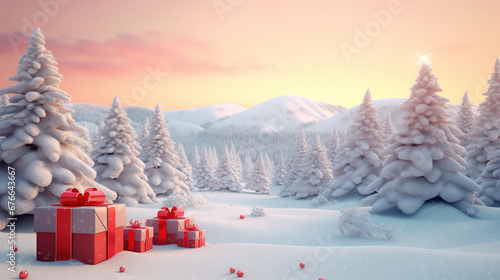 Wonderland Winter Village: Landscape with Pine Trees, Christmas Decorations, Gift Boxes, Red Balls, and Garlands. Christmas Trees Adorned with Red Garlands in a Snowy Forest at Sunrise