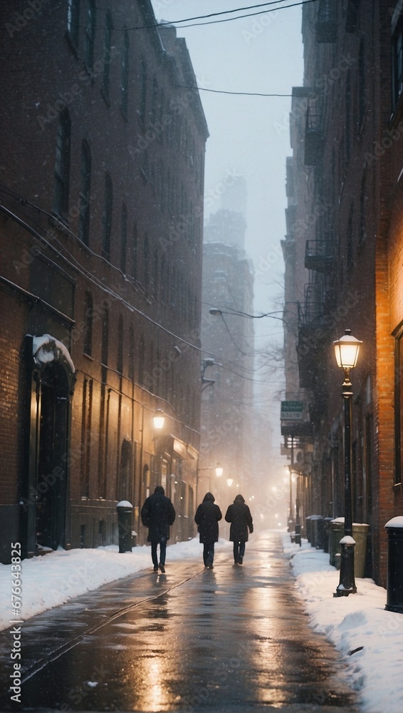 Snow-Covered Alley at Dusk. Generative AI Snow-Covered Alley at Dusk. Generative AI