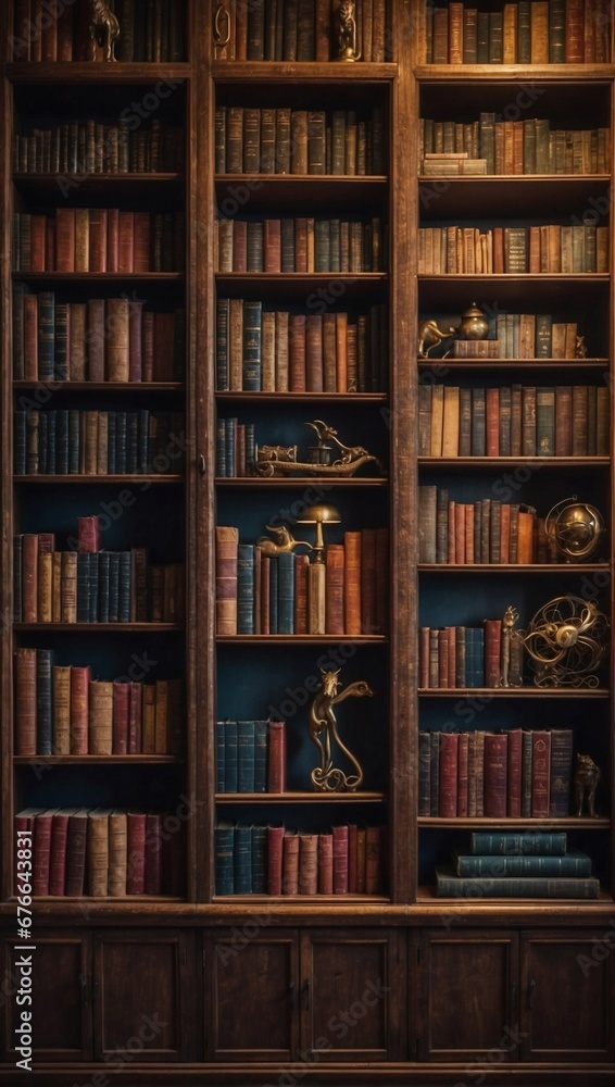 old bookcase full of classic books, leather binding, bookcase also adorned with metal animal figures old bookcase full of classic books, leather binding, bookcase also adorned with metal animal figures