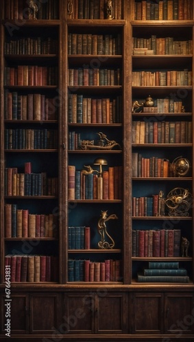 old bookcase full of classic books  leather binding  bookcase also adorned with metal animal figures