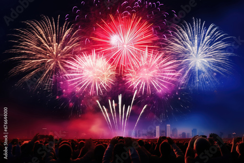 Colorful Fireworks Celebration for New Year and 4th of July Independence Day with Bokeh Background. Abstract Holiday Scene with Free Space for Text over the City in Red and Blue.