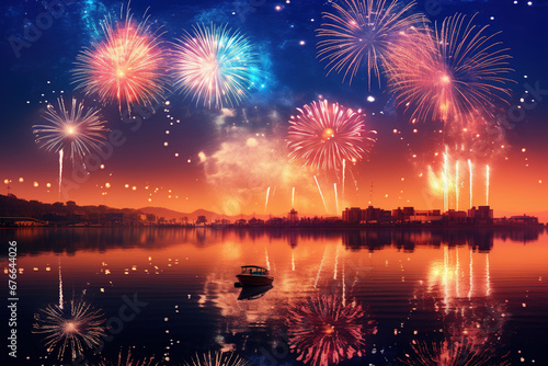 Colorful Fireworks with Bokeh Background: New Year and 4th of July Independence Day Celebration. Abstract Holiday Celebration Background with Copy Space for Banner or Poster.