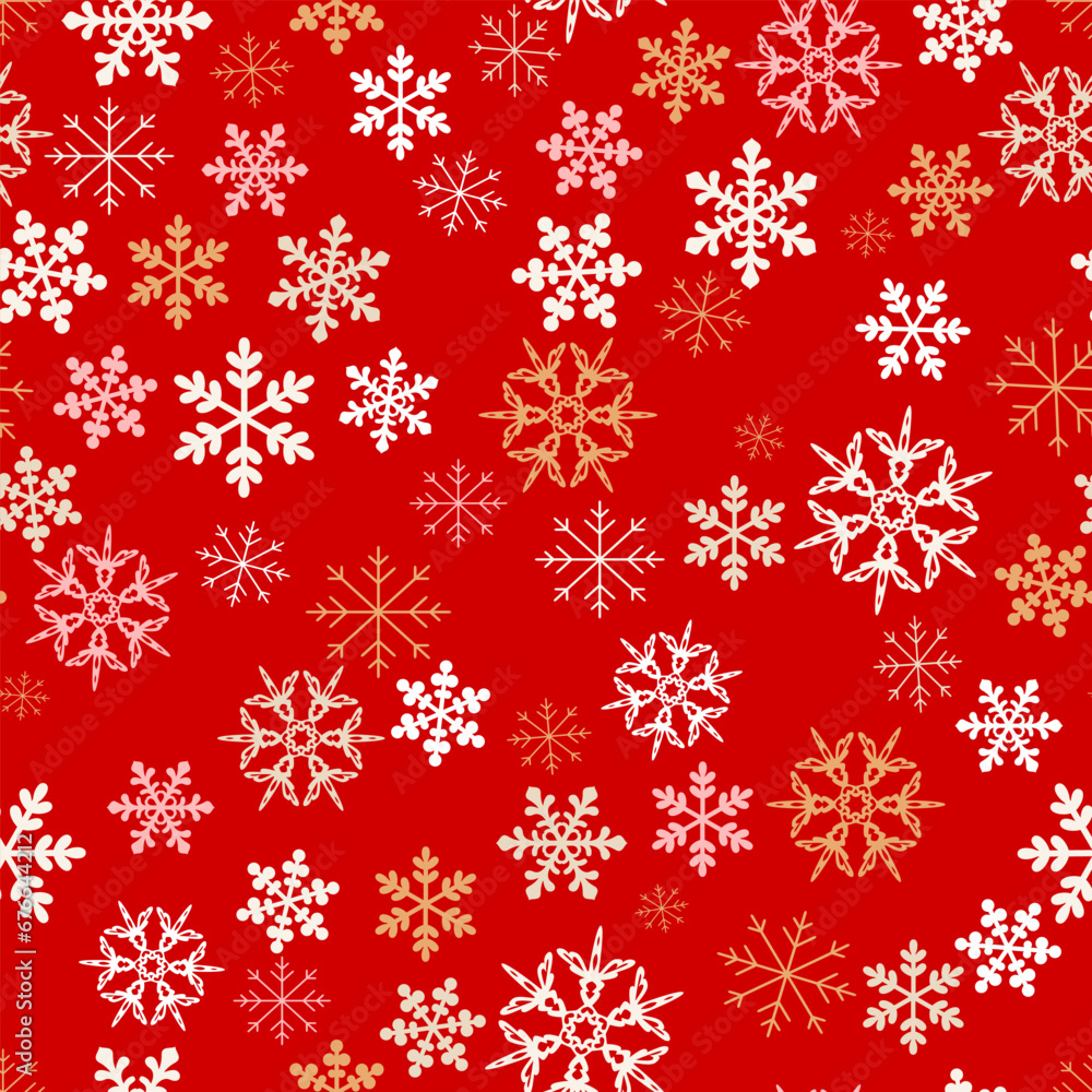 Christmas background with snowflakes on red. Winter seamless pattern. Vector cartoon flat illustration. Christmas background with snowflakes on red. Winter seamless pattern. Vector cartoon flat illustration.