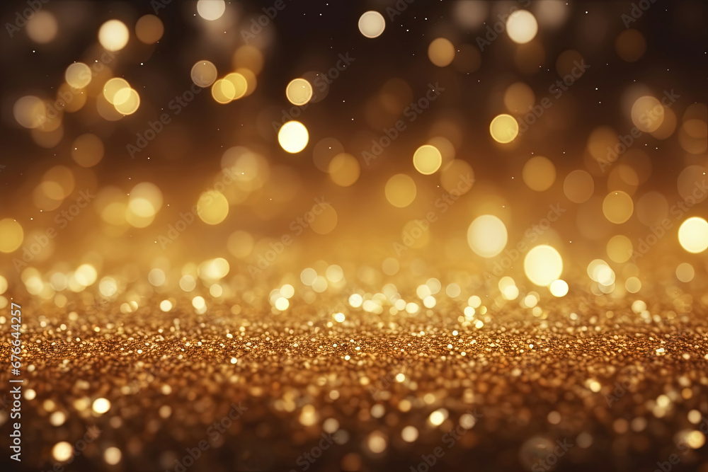 Golden Christmas particles and sprinkles for a holiday celebration like Christmas or New Year. shiny golden lights Bokeh background for Banner or poster