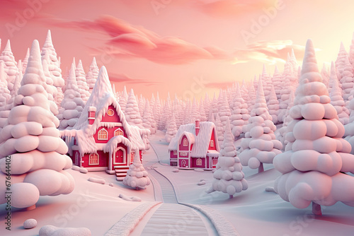 Pink Christmas Tree Winter Village and Houses in a Forest at Sunrise. Snowy Scenery with Clouds. © DailyStock