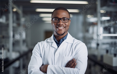 Portrait of young adult male scientist inside scientific laboratory feeling proud and confidence.