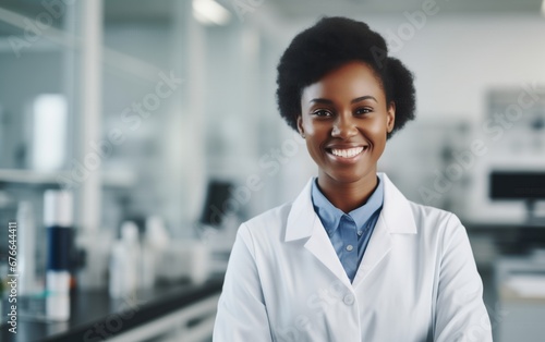 Portrait of young adult female scientist inside scientific laboratory feeling proud and confidence.