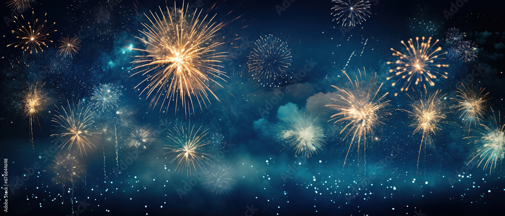 New Year Fireworks on Blue Background with Copy Space for Banner, Poster, Panorama. Fireworks and Sparklers on Rustic Dark Blue Night Sky Texture.