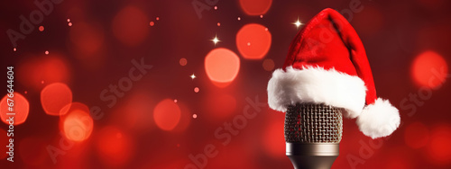 Santa Claus hat on Microphone on shiny Christmas celebration red bokeh background. Copy Space for banner or Poster