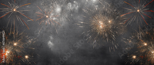 Festival Party Celebration Holiday Background Banner Panorama. Fireworks on Rustic Dark Black Grey Stone Concrete Texture. Copy Space for Greeting Card, Banner, or Poster