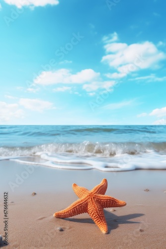 Summer beach with starfish and shells. Background sea. Hello summer