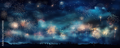 New Year Fireworks on Blue Background with Copy Space for Banner, Poster, Panorama. Fireworks and Sparklers on Rustic Dark Blue Night Sky Texture.