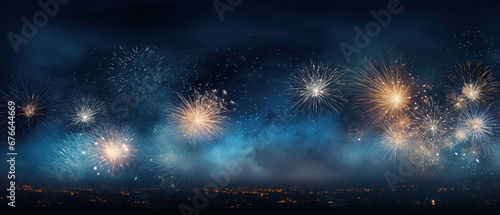 New Year Fireworks on Blue Background with Copy Space for Banner, Poster, Panorama. Fireworks and Sparklers on Rustic Dark Blue Night Sky Texture. © RBGallery