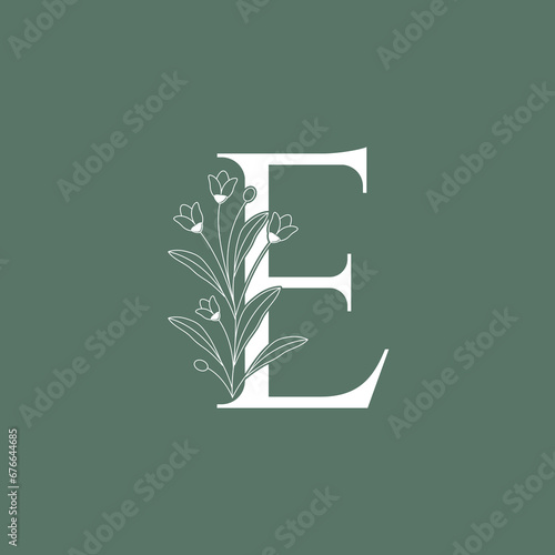 floral letter E flower font decoration botanical alphabet logo design vector