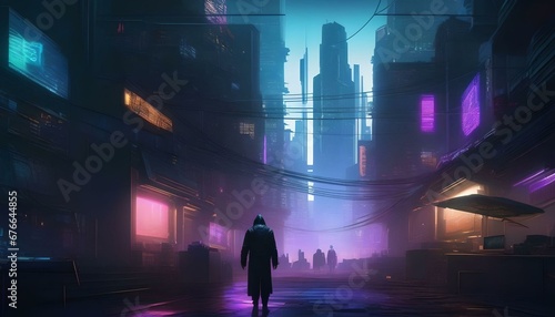 a cyberpunk cityscape with towering skyscrapers, bustling streets, and a hacker in a dimly lit alley working on a computer interface: Generative AI