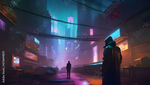 a cyberpunk cityscape with towering skyscrapers, bustling streets, and a hacker in a dimly lit alley working on a computer interface: Generative AI © Saurabh