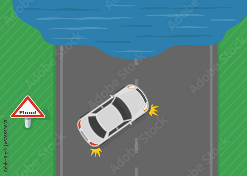 Bad weather conditions. Car is turning around on flooded road. Top view. Flat vector illustration template.