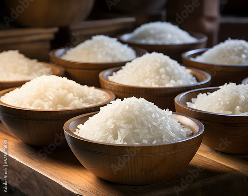 bowls of rice stacked on a wooden plate 