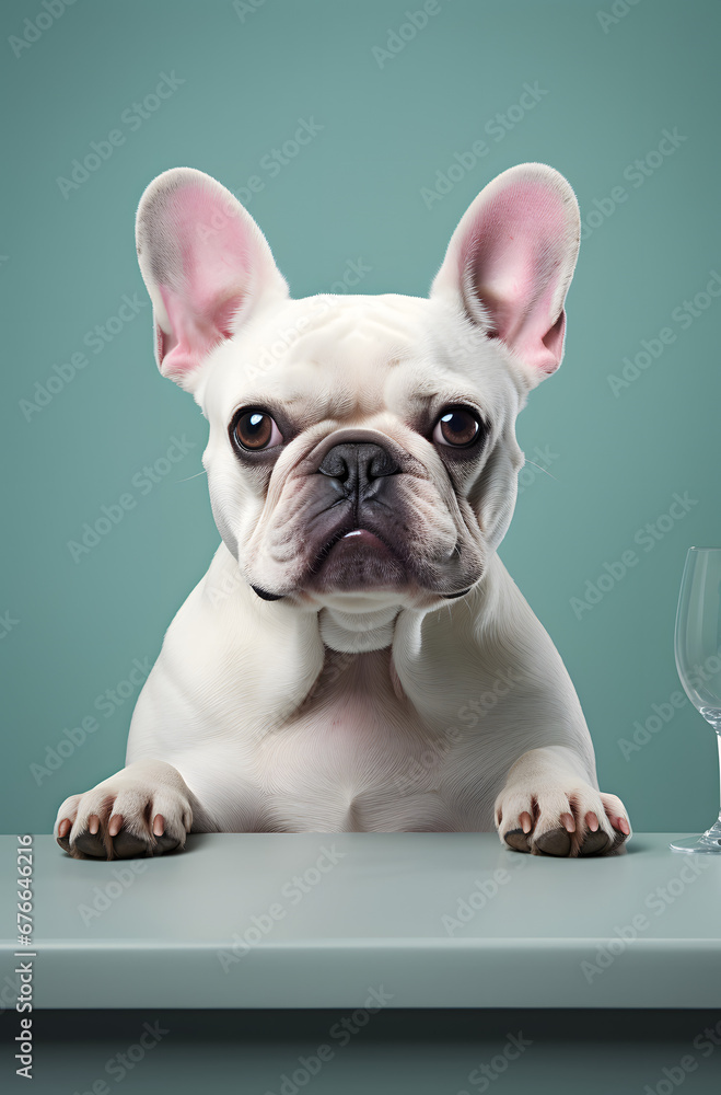 portrait of a french bulldog puppy with hands on the table