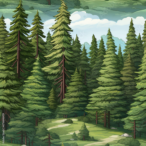 Trees greenery forest cartoon repeat pattern