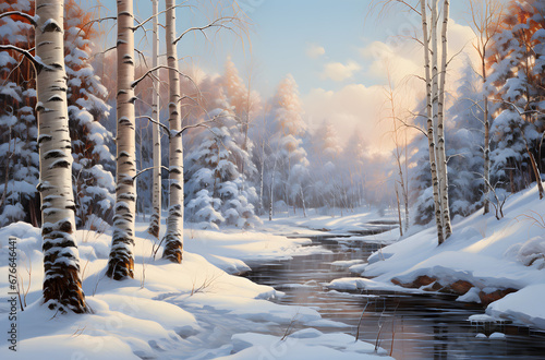 winter landscape with snow covered trees and a stream