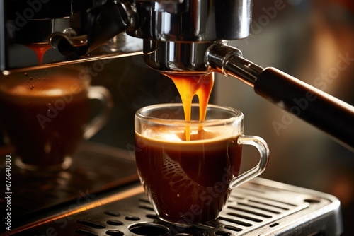 A Preparation of espresso coffee by using coffee machine. Espresso pouring from coffee machine. Close-up of espresso pouring from coffee machine. Professional coffee brewing.