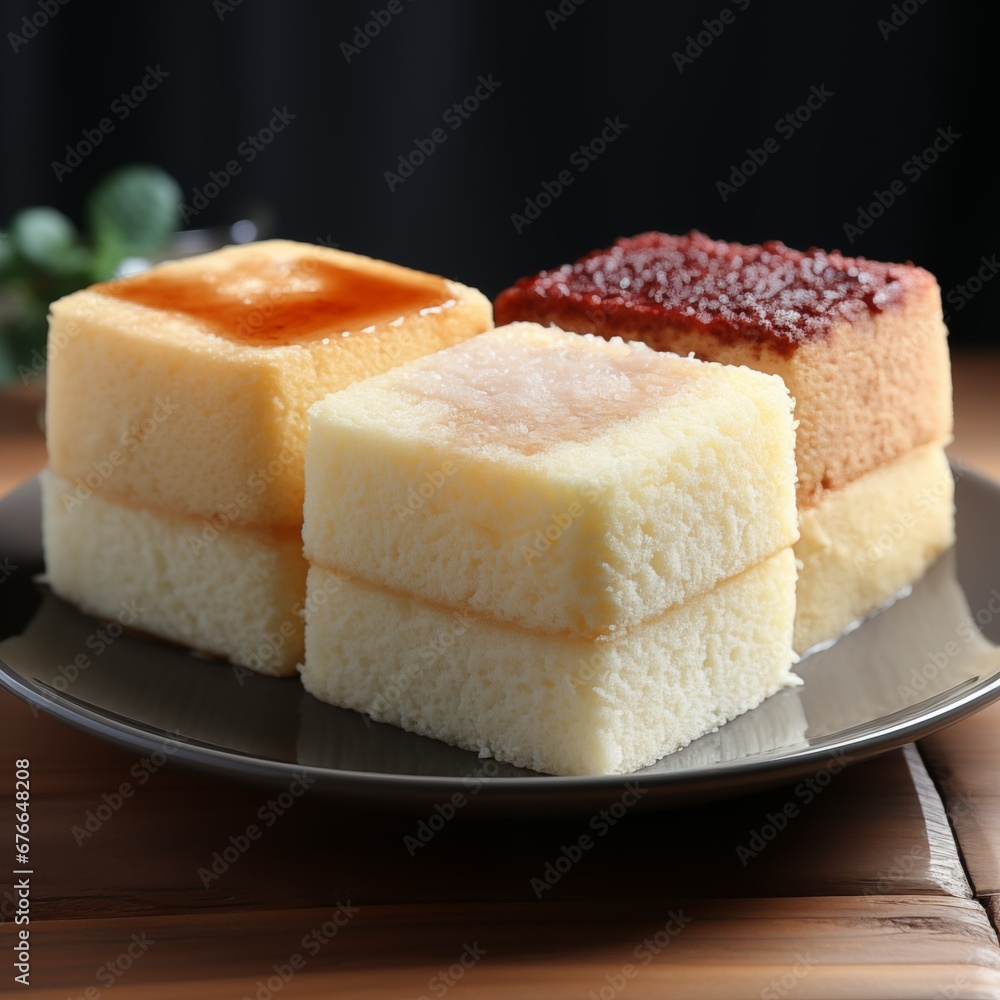 3 flavors of sponge cake on a white plate