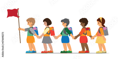 Children holding hands and walking in line.