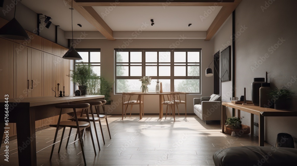 Fototapeta premium Architecture__Interior_refined_spaces_beautiful_kitchen and living room, generated AI