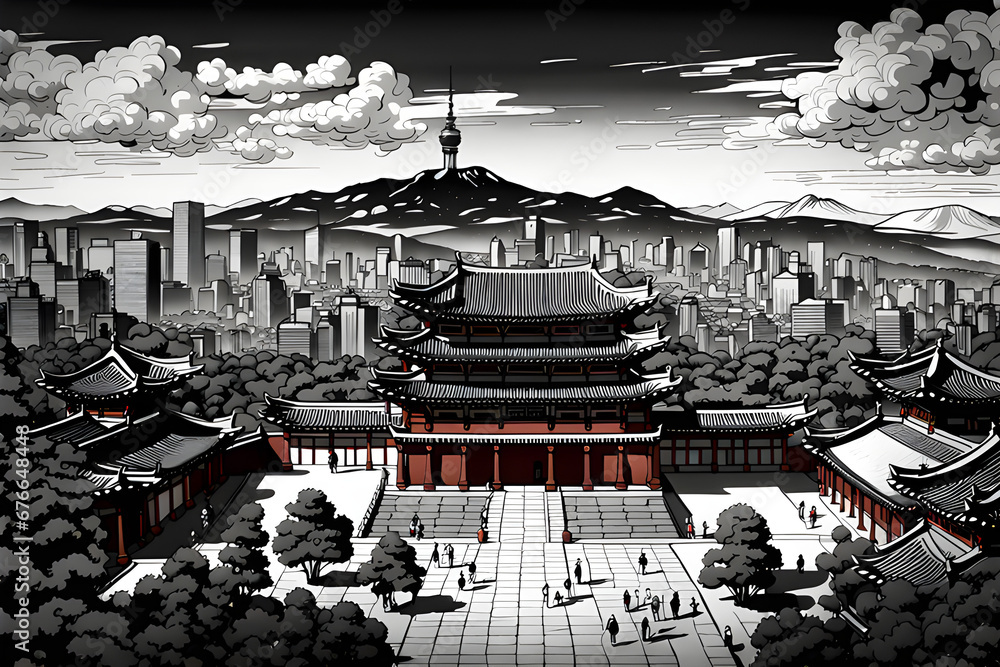 Draw me a landscape of Seoul with Gwanghwamun Gate. Generative AI