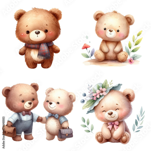 Cute bears, in cartoon style, on an isolated background. Watercolor animals, for holiday invitations, and postcards © foody