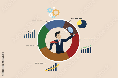 Analyzing data, charts and graphs or diagrams, database report or predictive visualization concept, businessman with magnifying glass analyzing pie chart data.